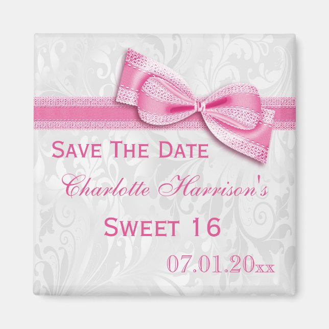 White Damask & Faux Bow Sweet 16 Save The Date Magnet (Front)