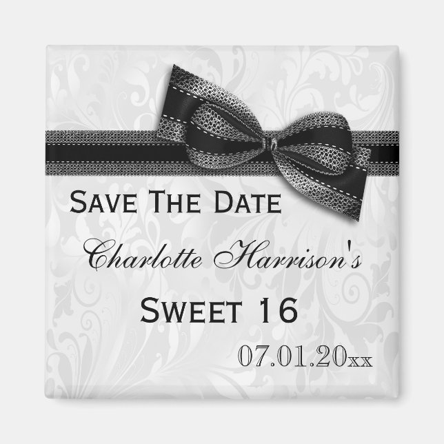 White Damask & Faux Bow Sweet 16 Save The Date Magnet (Front)