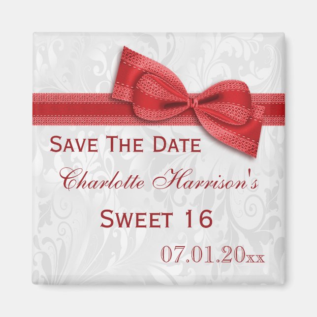 White Damask & Faux Bow Sweet 16 Save The Date Magnet (Front)