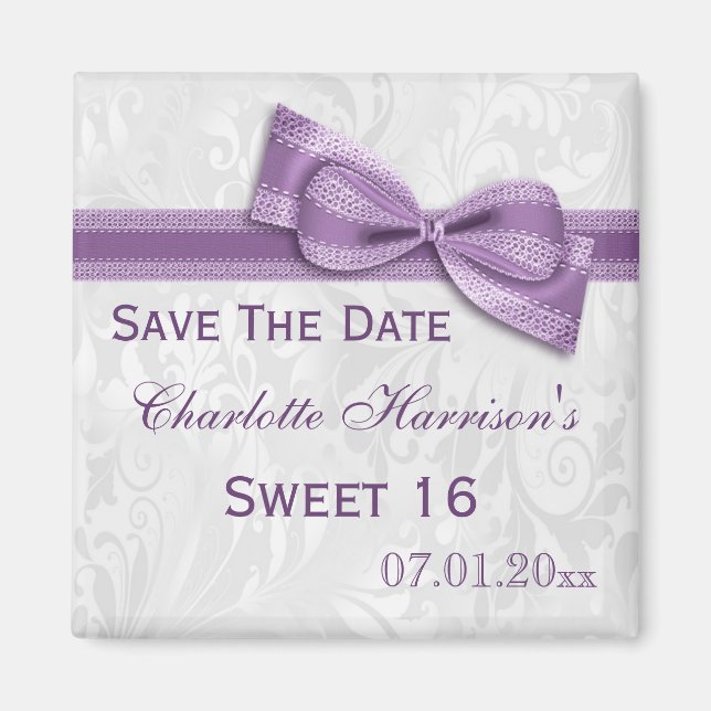 White Damask & Faux Bow Sweet 16 Save The Date Magnet (Front)
