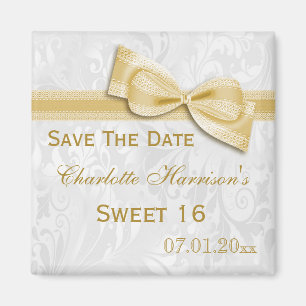 White Damask & Faux Bow Sweet 16 Save The Date Magnet