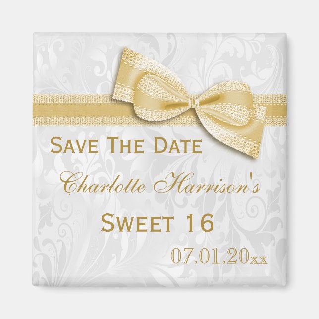 White Damask & Faux Bow Sweet 16 Save The Date Magnet (Front)