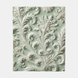 White Damask Floral Pattern Soft Green Background Fleece Blanket