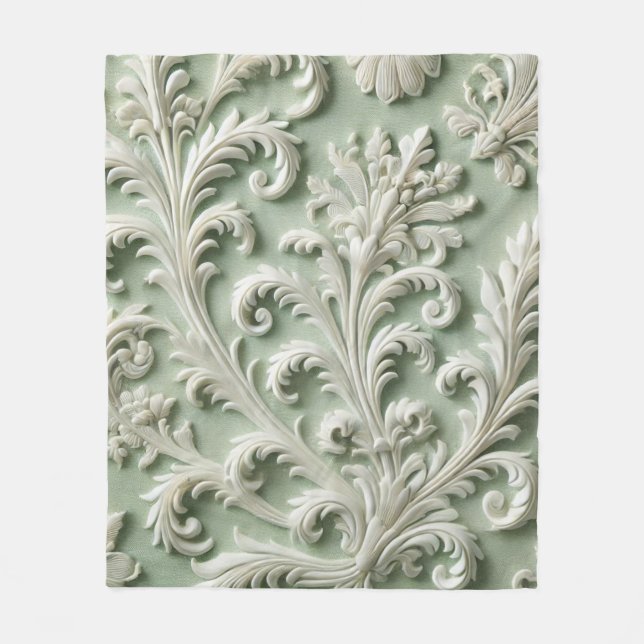 White Damask Floral Pattern Soft Green Background  Fleece Blanket (Front)