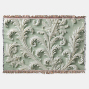White Damask Floral Pattern Soft Green Background Throw Blanket