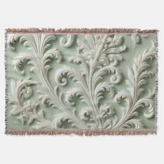 White Damask Floral Pattern Soft Green Background Throw Blanket