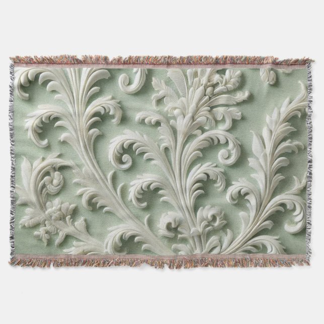 White Damask Floral Pattern Soft Green Background  Throw Blanket (Front)