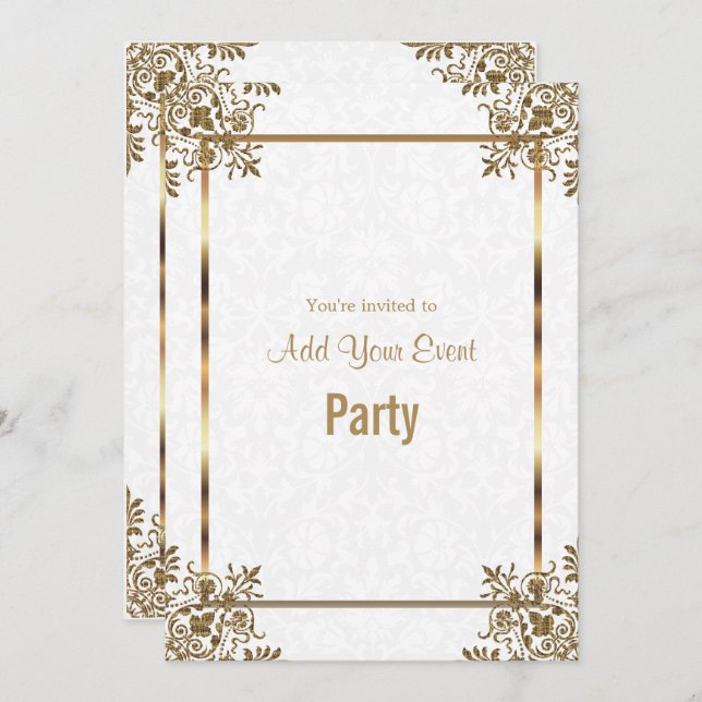 White Damask & Gold All Occasion Party Invitation (Front/Back)