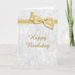 White Damask & Gold Faux Bow Female Birthday Card