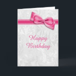 White Damask & Hot Pink Faux Bow Female Birthday Card<br><div class="desc">Pretty female birthday card, suitable for any age. Beautiful white damask pattern background with ornate swirls and flourishes and a pretty, stylish, cute, hot pink bow and ribbon image. The inside of this card has the greeting "Wishing you a very happy birthday" This is a modern, fashionable, stylish, classy and...</div>