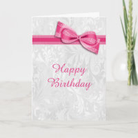 White Damask & Hot Pink Faux Bow Female Birthday