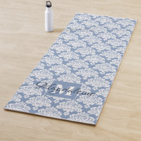 White Damask Lace on Dusty Blue Monogrammed