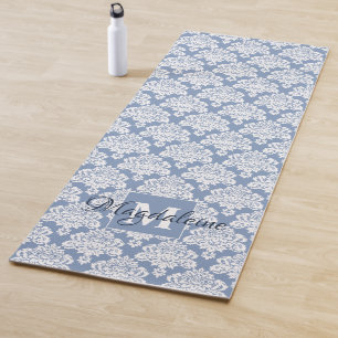 White Damask Lace on Dusty Blue Monogrammed Yoga Mat