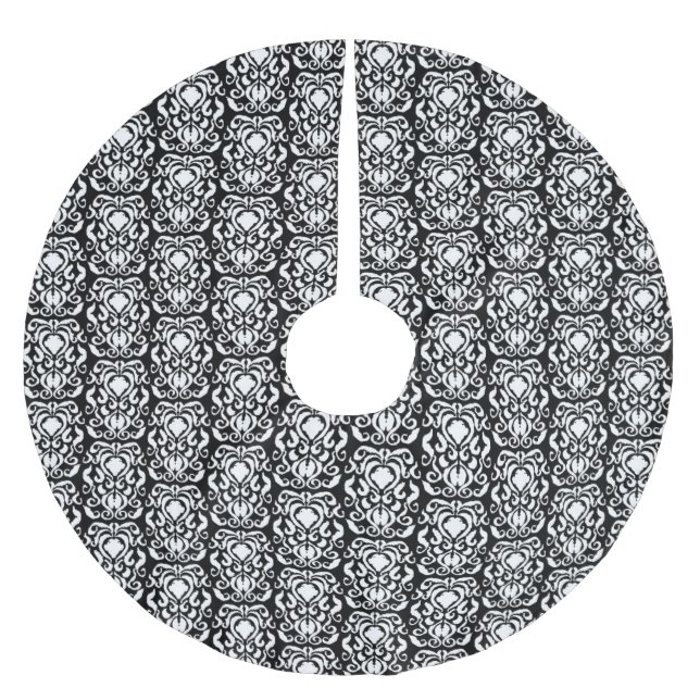 White Damask Old World Black  Brushed Polyester Tree Skirt (Front)
