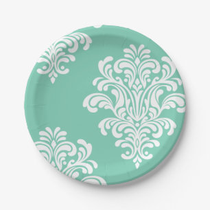White Damask on Aqua Pattern Paper Plate