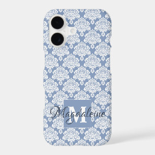 White Damask on Blue Grey Monogram & Name Pretty