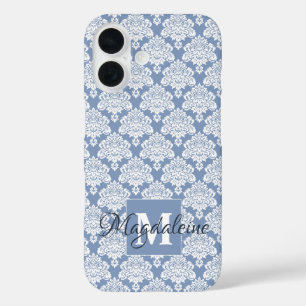 White Damask on Blue Grey Monogram & Name Pretty iPhone 16 Case