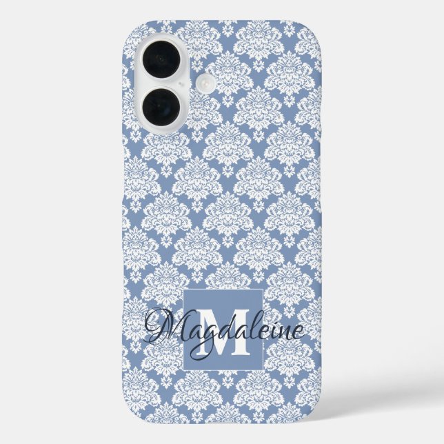 White Damask on Blue Grey Monogram & Name Pretty Case-Mate iPhone Case (Back)