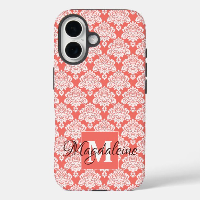 White Damask on Coral Monogram & Name Pretty Case-Mate iPhone Case (Back)