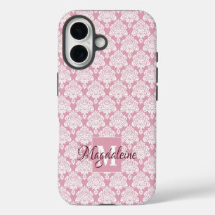 White Damask on Dusty Rose Monogram & Name Pretty iPhone 16 Case