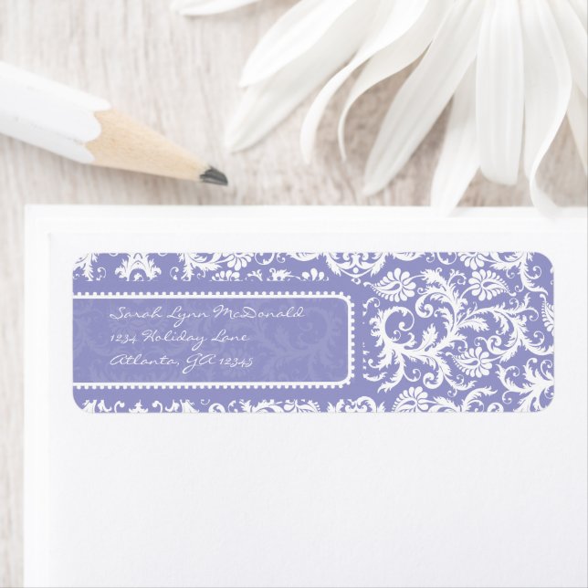 White Damask on Lilac Return Address Label (Insitu)