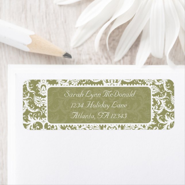 White Damask on Olive Green Grey Return Address Label (Insitu)