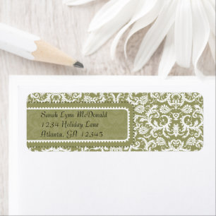 White Damask on Olive Green Grey Return Address Label