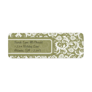 White Damask on Olive Green Grey Return Address Label
