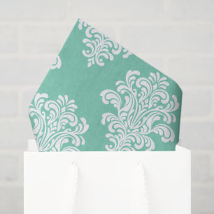 White Damask Pattern on Aqua Tissue Paper