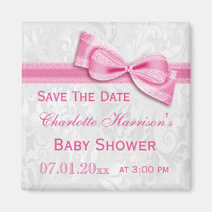 White Damask & Pink Bow Baby Shower Save The Date Magnet