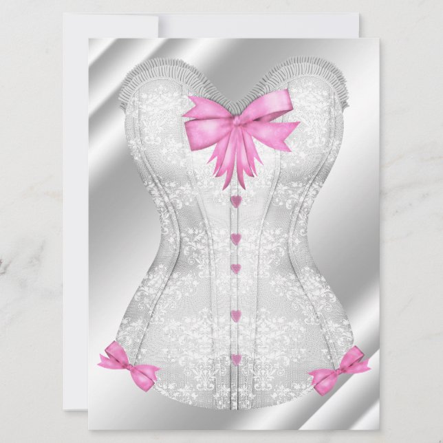 White Damask Pink Bows Corset Lingerie Shower Invitation (Front)