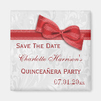 White Damask & Red Bow Quinceañera Save The Date