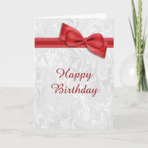 White Damask & Red Faux Bow Female Birthday Card