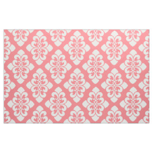 White Damask Scroll on Coral Pink Fabric