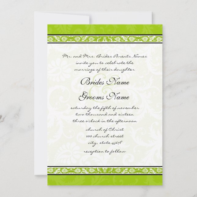 White Damask Swirls Apple Green Wedding Invitation (Back)