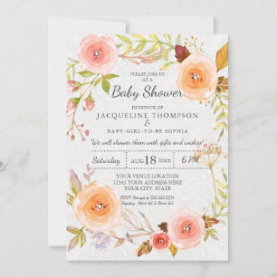 White Damask Typography Watercolor Floral Wreath Invitation