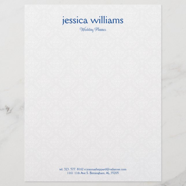 White Damasks Background Blue Typography Custom Letterhead (Front)