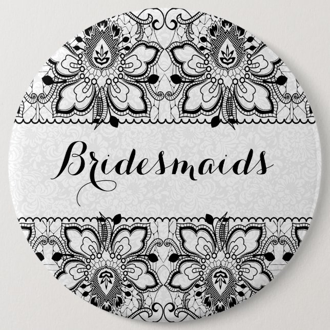 White Damasks & Black Lace Bridesmaids Button (Front)