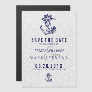 White Damasks & Blue Nautical Floral Anchor Magnetic Invitation