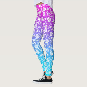 White damasks on pink to blue ombre leggings