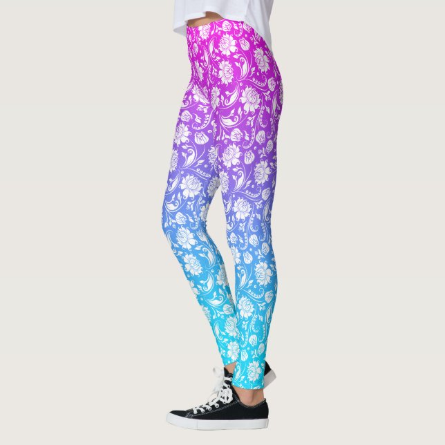 White damasks on pink to blue ombre leggings (Left)