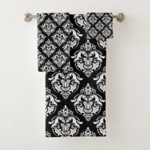 White Damasks Pattern Custom Black Background Bath Towel Set