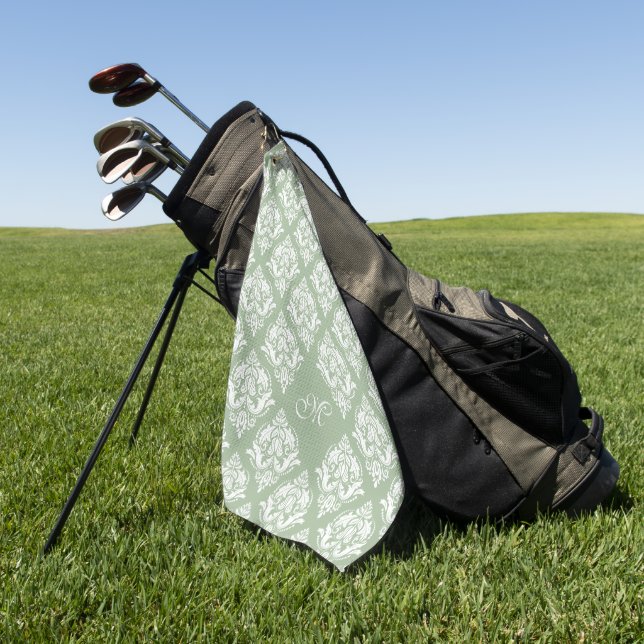 White Damasks Pattern Custom Sage Green Background Golf Towel (Green)