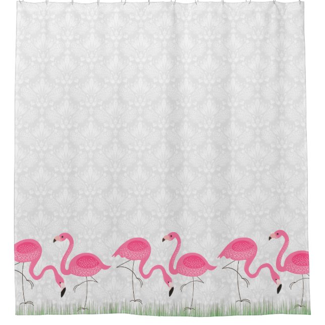 White Damasks & Pink Flamingos Illustration Shower Curtain (Front)