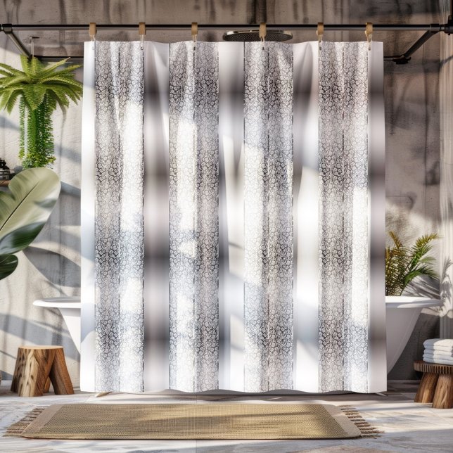 White Damasks & Shiny Silver Stripes Shower Curtain (Creator Uploaded)