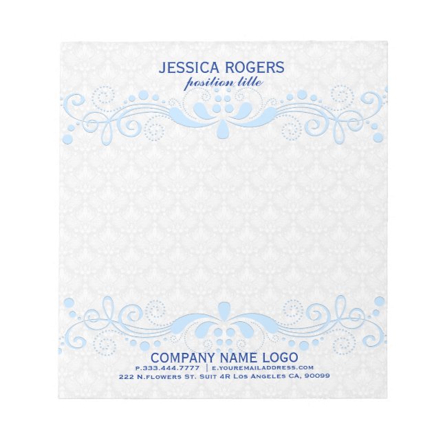 White Damasks With Blue Floral Swirls Lace Notepad (Front)