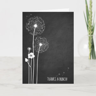 White dandelion bouquet on chalkboard thank you card