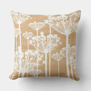 White Dandelions on Faux Wood Background Rustic Cushion