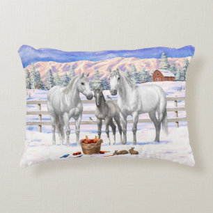 White Dapple Grey Quarter Horses On A Farm In Snow Decorative Cushion