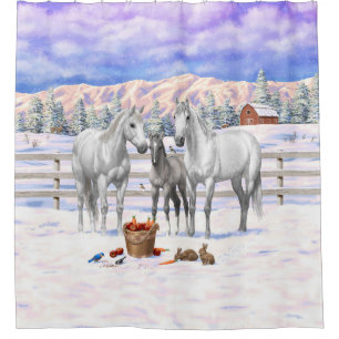 White Dapple Grey Quarter Horses On A Farm In Snow Shower Curtain